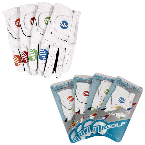 Five white golf gloves are displayed with colorful accents on the palms while four packaging cards are arranged below featuring branding and product details about all-weather golf gloves.
