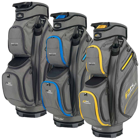 Three golf bags are displayed side by side featuring a sleek gray design with various colored accents blue and yellow each bag contains multiple pockets for storage and is designed for easy handling in a golfing context