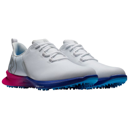 White athletic shoes with a sleek design feature a gradient sole transitioning from pink to blue and are set against a plain background, suggesting new footwear for sports or casual wear.