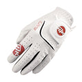 A white golf glove with red and black accents is displayed prominently. It appears to be positioned as if ready to be worn, emphasizing its design and purpose for sports use.
