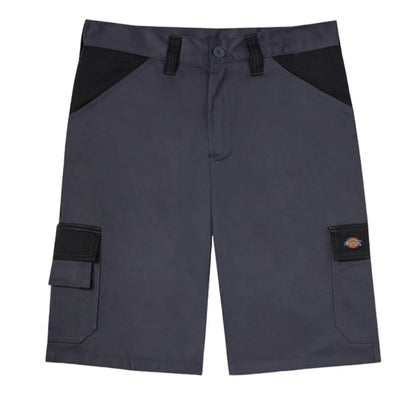 Cargo shorts in dark gray fabric feature black paneling on the sides and multiple pockets for utility with a button closure at the waist designed for casual or work settings.