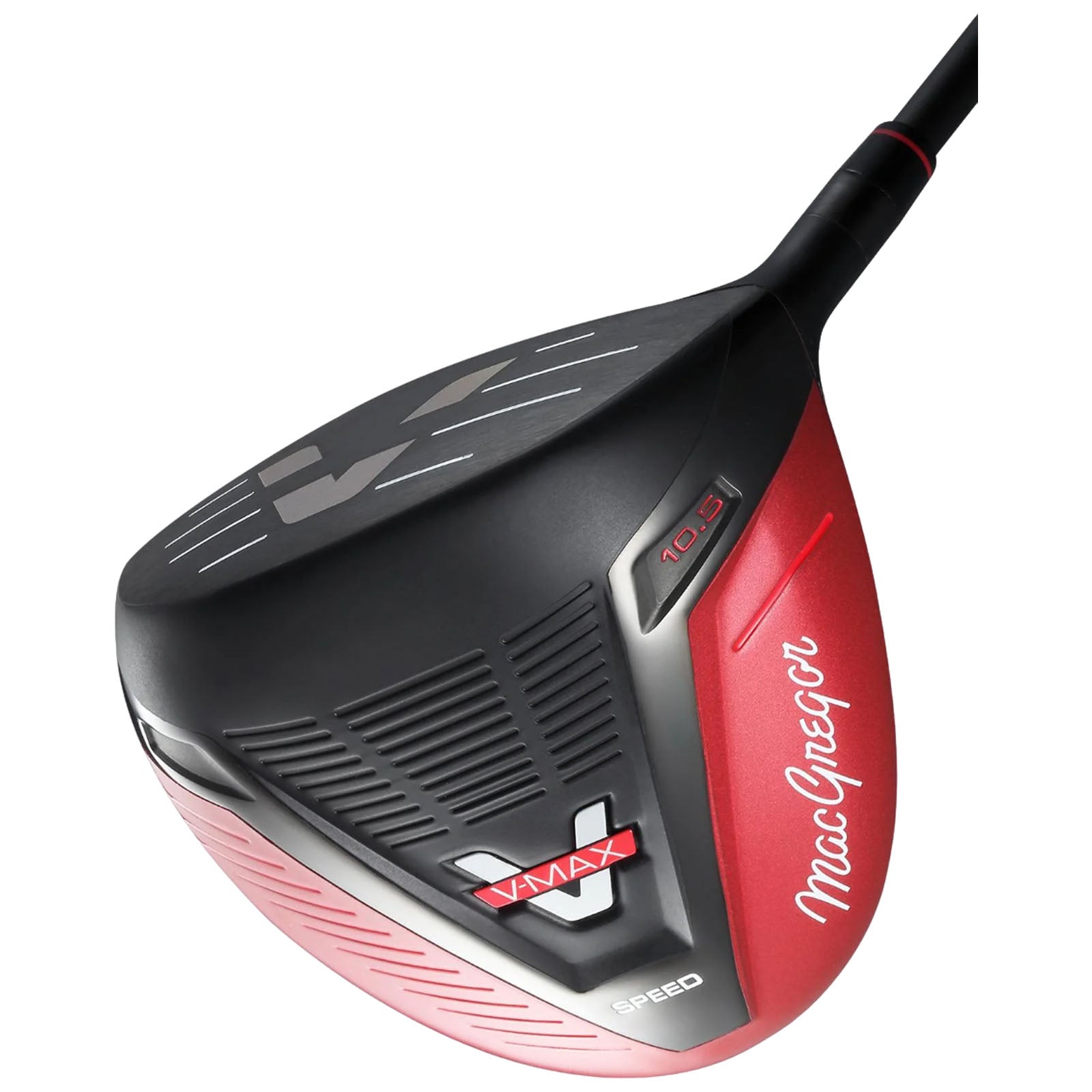 A golf driver with a large black and red head features a sleek design and is positioned at an angle showing the face and branding on the side emphasizing its modern aesthetic.