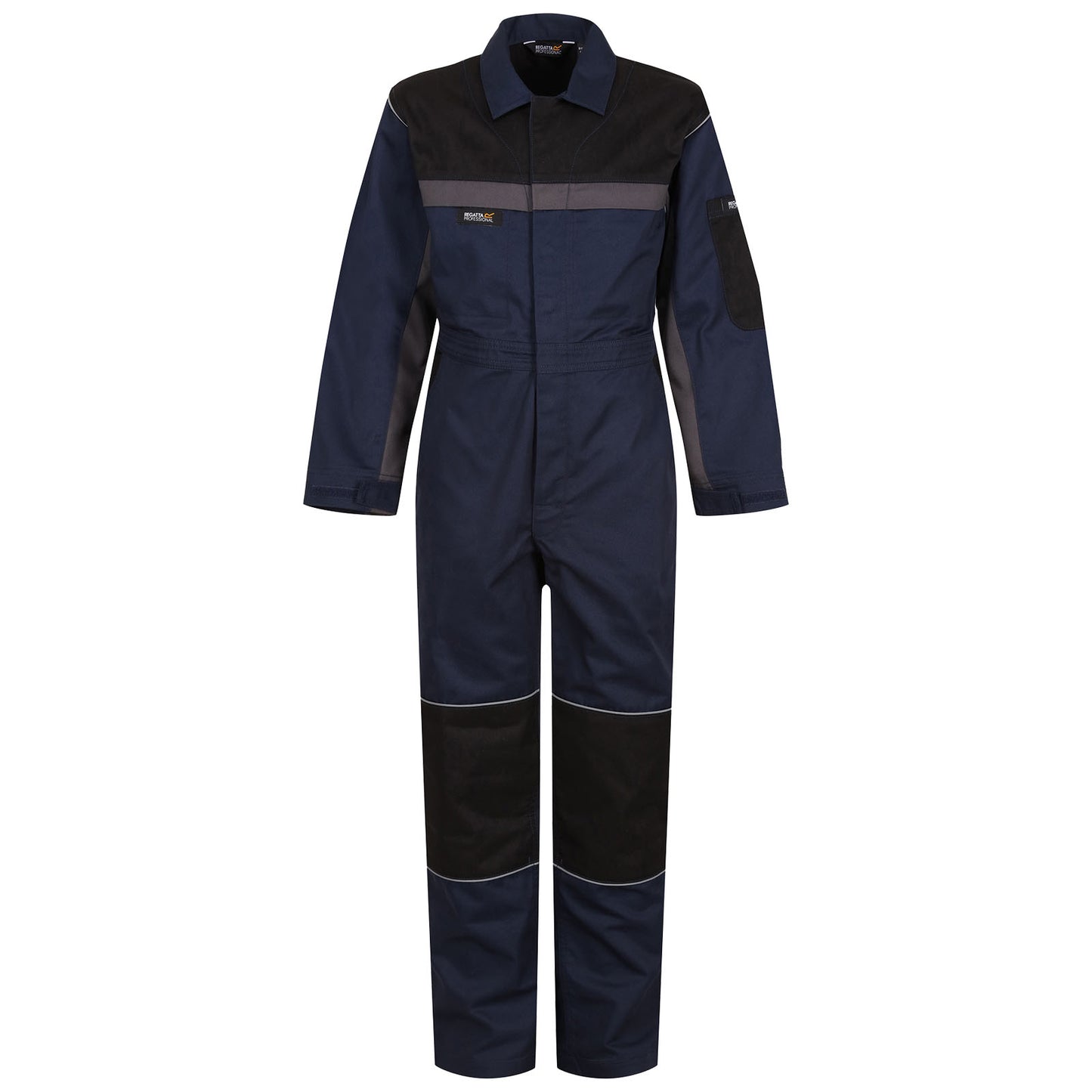 A dark blue overall is displayed upright showcasing long sleeves and legs with a black shoulder and knee patch design highlighting durability and functionality suitable for work environments.