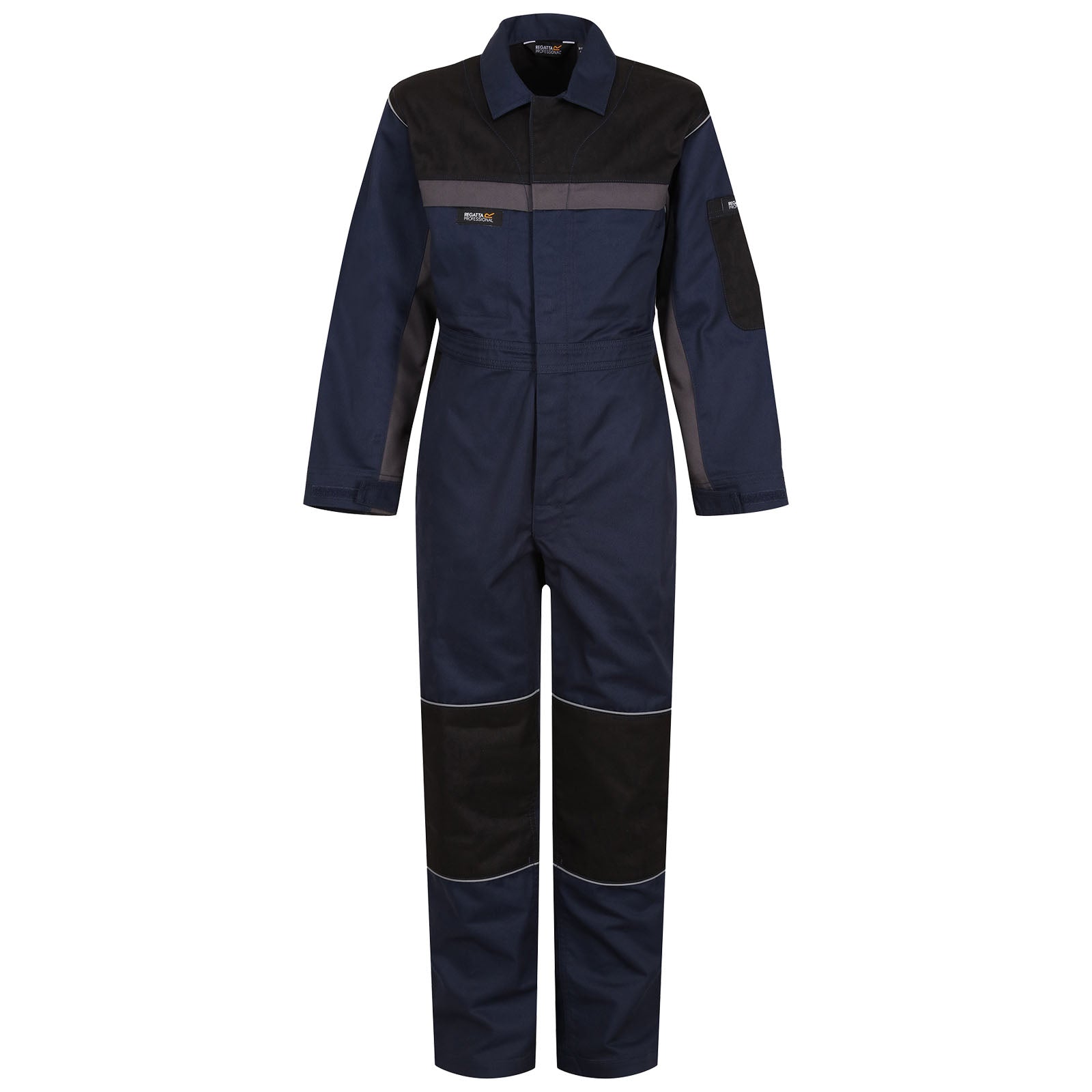 A dark blue overall is displayed upright showcasing long sleeves and legs with a black shoulder and knee patch design highlighting durability and functionality suitable for work environments.