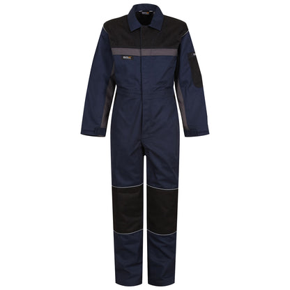 A dark blue overall is displayed upright showcasing long sleeves and legs with a black shoulder and knee patch design highlighting durability and functionality suitable for work environments.