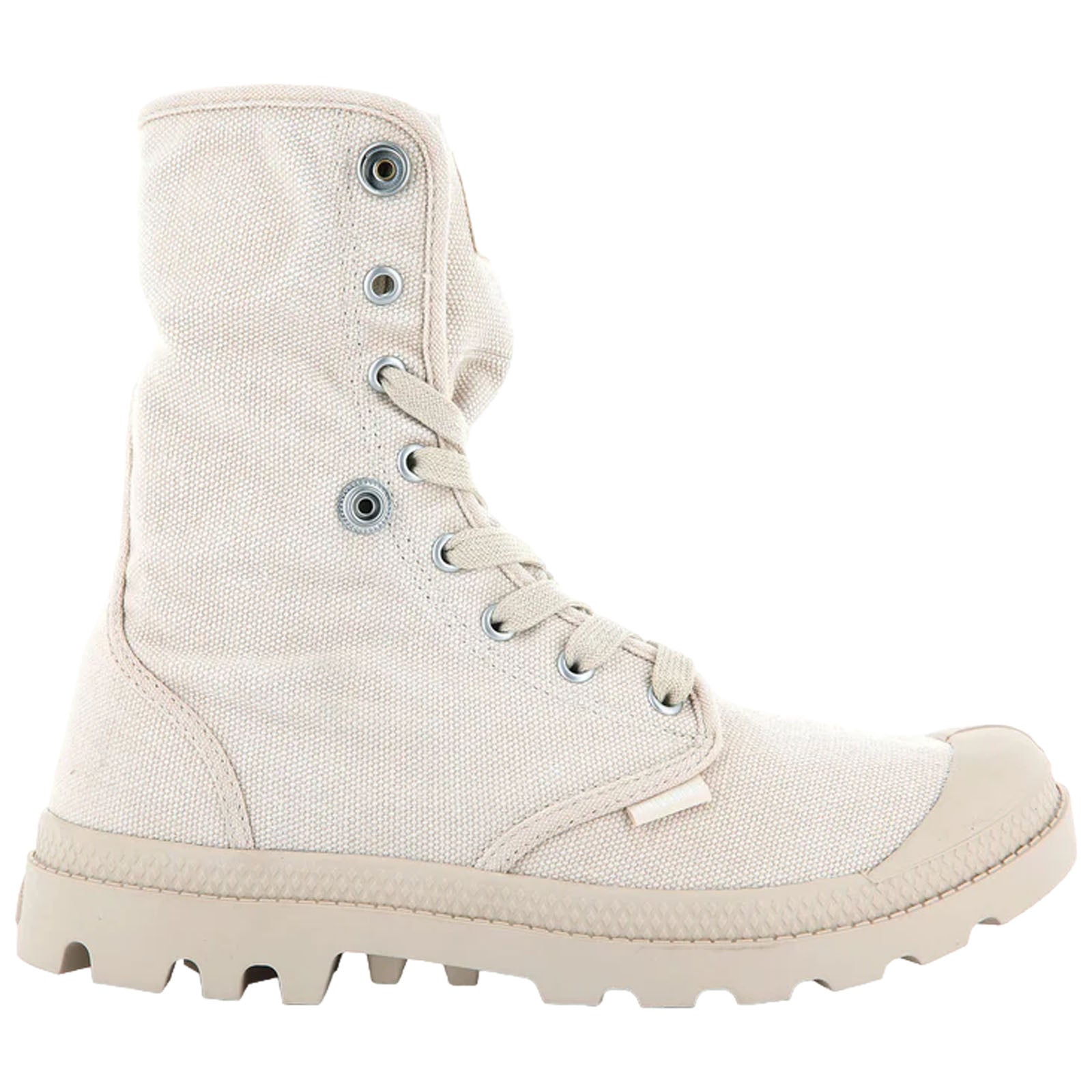 A light-colored canvas boot stands upright showcasing a high top with eyelets and laces while featuring a rugged sole designed for traction in varied terrains.