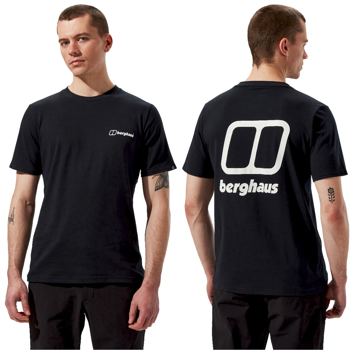 A male model wears a black t-shirt featuring the brand name "berghaus" prominently on the back. He stands facing forward and slightly to the side in a neutral background.