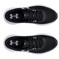 Two black athletic shoes are positioned top-down with white soles and laces. The shoes feature a mesh design and a prominent brand logo on the sides.