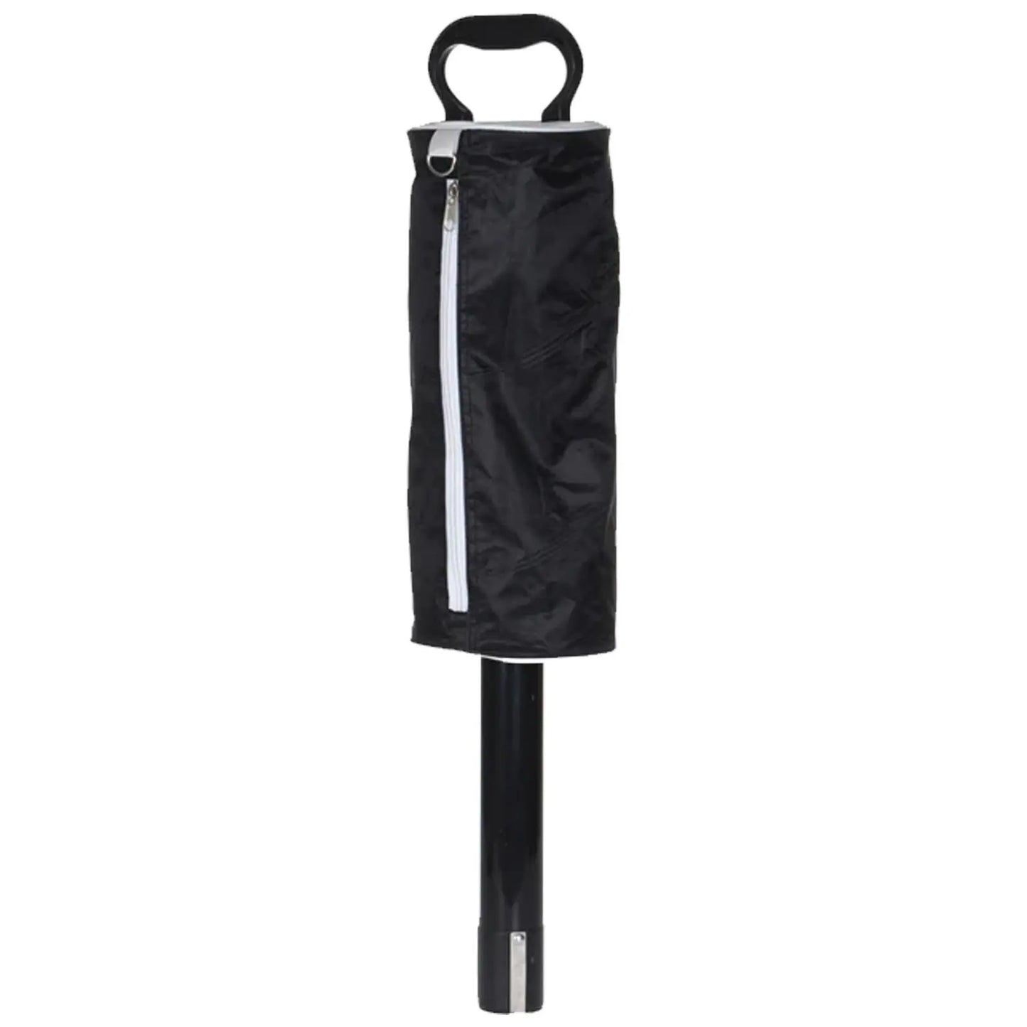 A black umbrella is standing upright with a cylindrical handle and a zipped cover. The cover is partially zipped, revealing the umbrella's structure in a neutral background.