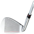 A golf club head is shown from an angled perspective emphasizing the face featuring horizontal grooves and a red marking along the base with a metallic shaft extending upwards.