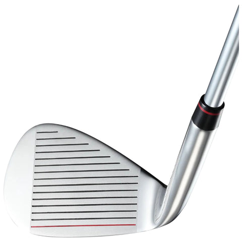 A golf club head is shown from an angled perspective emphasizing the face featuring horizontal grooves and a red marking along the base with a metallic shaft extending upwards.