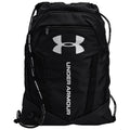A black backpack features a large white Under Armour logo and branding. It is designed for carrying items and showcases adjustable straps, suitable for athletic or casual use.