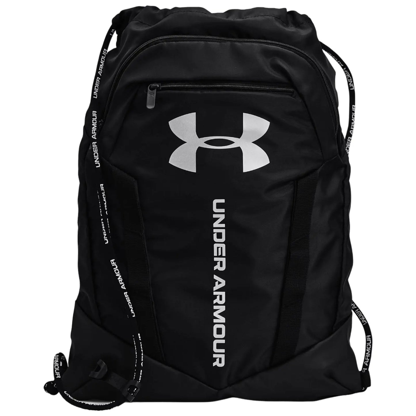 A black backpack features a large white Under Armour logo and branding. It is designed for carrying items and showcases adjustable straps, suitable for athletic or casual use.