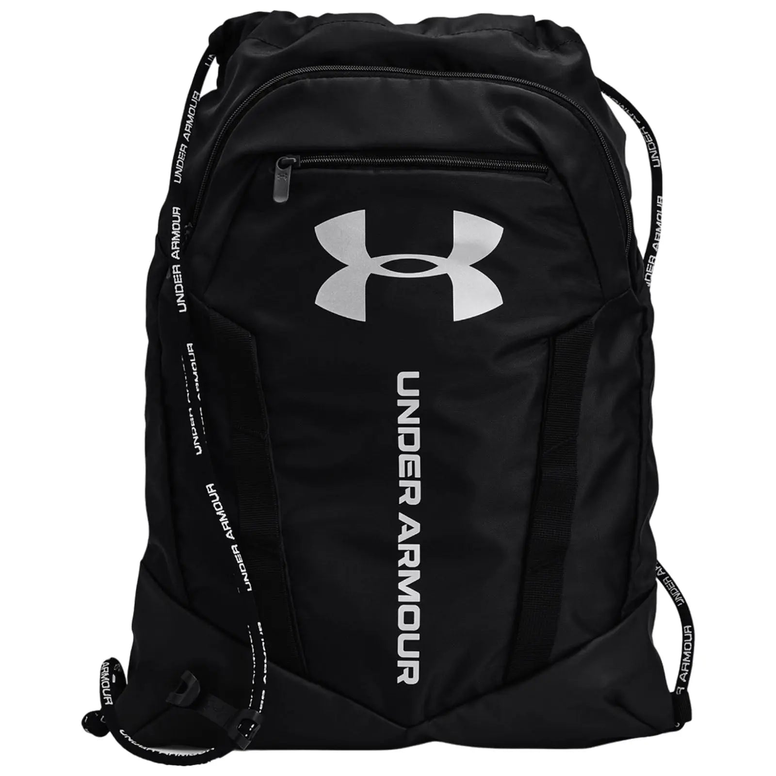 A black backpack features a large white Under Armour logo and branding. It is designed for carrying items and showcases adjustable straps, suitable for athletic or casual use.