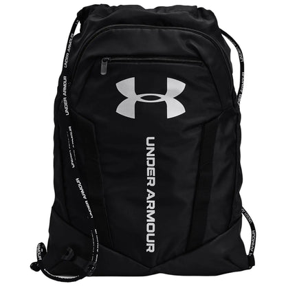 A black backpack features a large white Under Armour logo and branding. It is designed for carrying items and showcases adjustable straps, suitable for athletic or casual use.