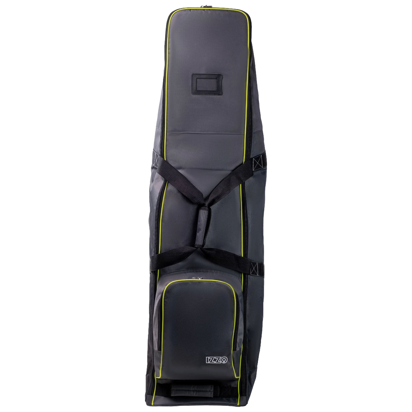 A golf travel bag stands upright showcasing a sleek dark fabric with bright yellow accents and multiple straps for securing contents while offering a front pocket for storage.