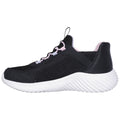 A black sneaker features a mesh upper with pink and light blue accents lacing through the eyelets it sits on a white textured sole designed for comfort and support.