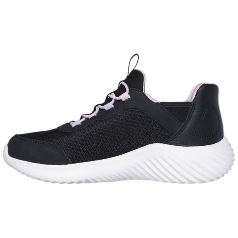 A black sneaker features a mesh upper with pink and light blue accents lacing through the eyelets it sits on a white textured sole designed for comfort and support.