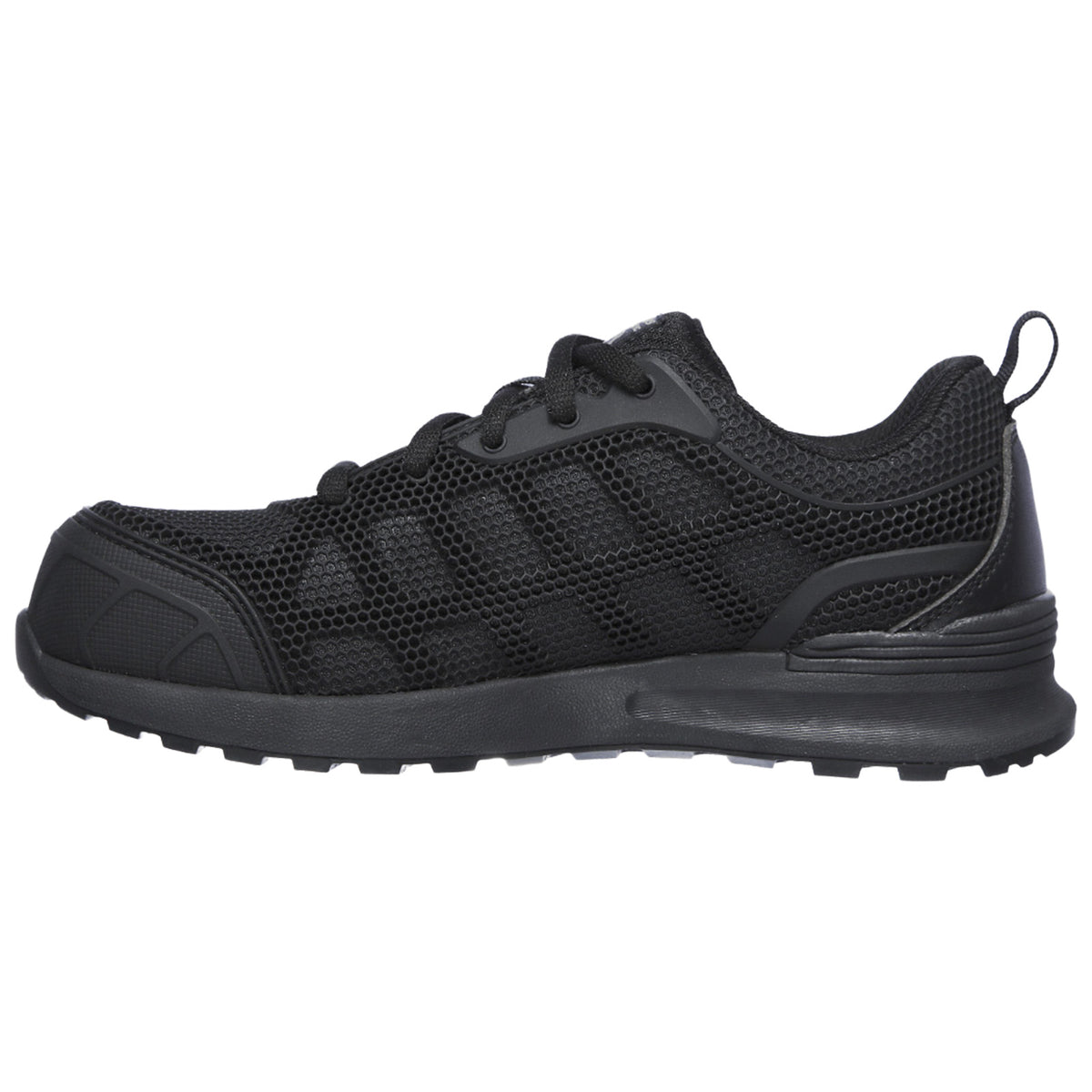 A black athletic shoe features a mesh upper for breathability and a sturdy rubber sole designed for traction on various surfaces in active environments.