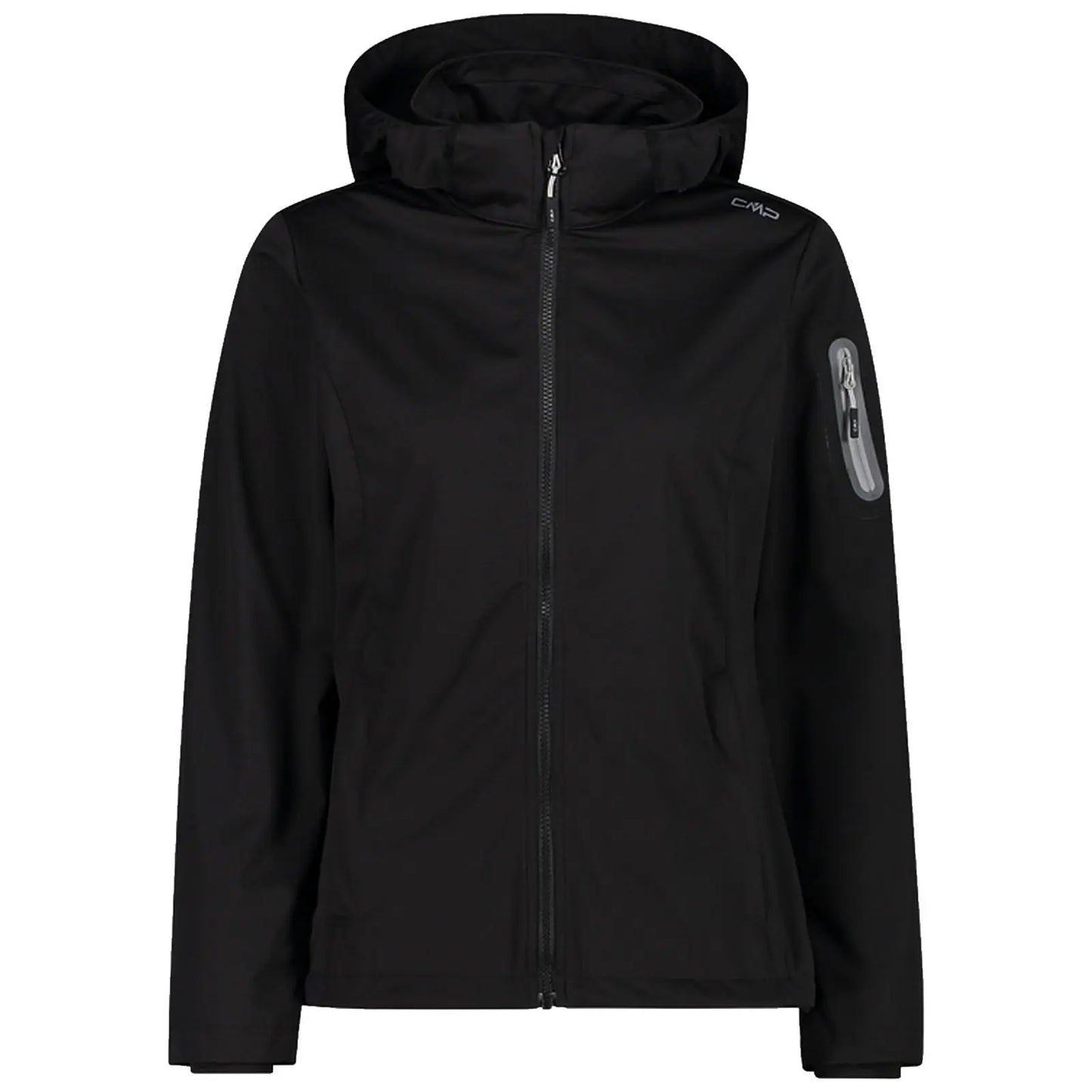A black jacket with a hood is displayed facing front featuring a front zipper and a zippered pocket on the left sleeve emphasizing a sleek and functional outdoor design.