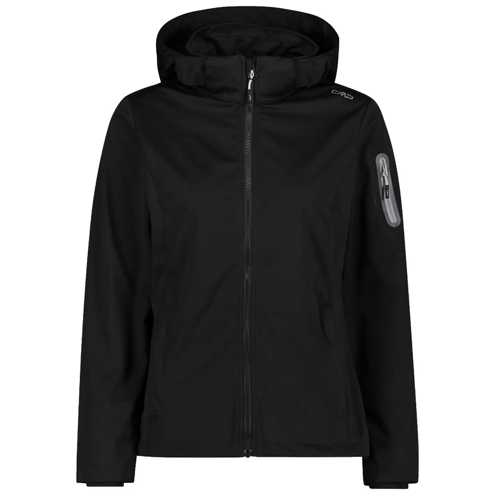 A black jacket with a hood is displayed facing front featuring a front zipper and a zippered pocket on the left sleeve emphasizing a sleek and functional outdoor design.