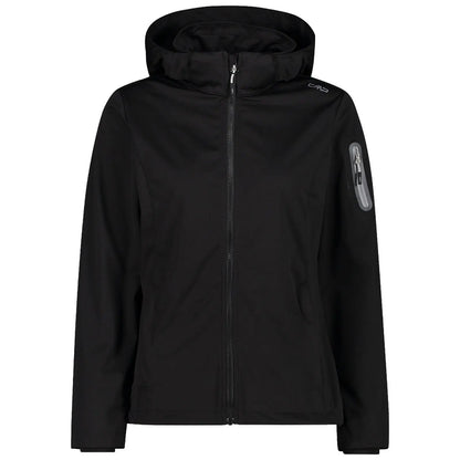 A black jacket with a hood is displayed facing front featuring a front zipper and a zippered pocket on the left sleeve emphasizing a sleek and functional outdoor design.