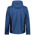 A blue hooded jacket with black side panels hangs vertically displaying its back view in a neutral setting without any visible text or other objects.