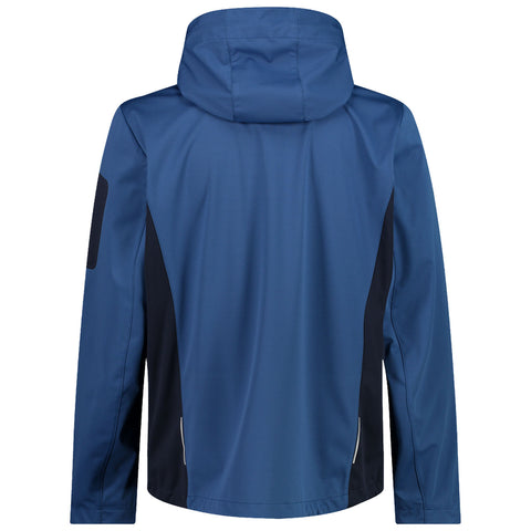 A blue hooded jacket with black side panels hangs vertically displaying its back view in a neutral setting without any visible text or other objects.