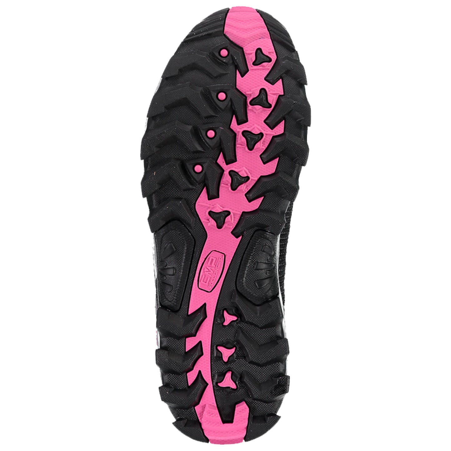 A black athletic shoe sole with a patterned tread design features pink accents. It is positioned flat, showcasing its traction elements for better grip on various surfaces.