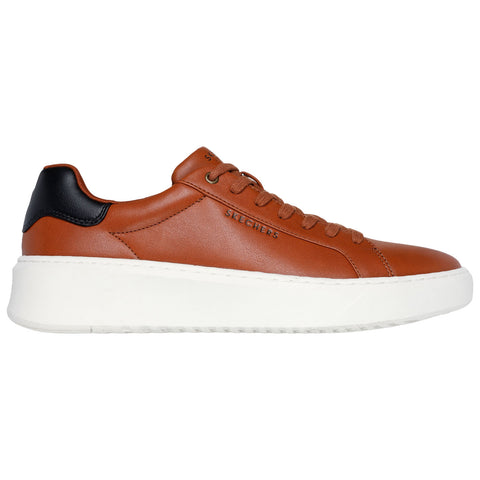 A brown leather sneaker with a white platform sole features a black heel patch and laces. The brand name Skechers is embossed on the side, indicating its stylish design.