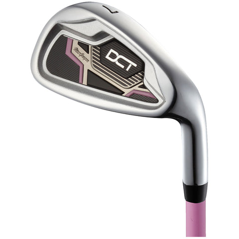A golf club is prominently positioned showcasing a sleek silver head with a black and pink design the club is suitable for hitting golf balls on a course.