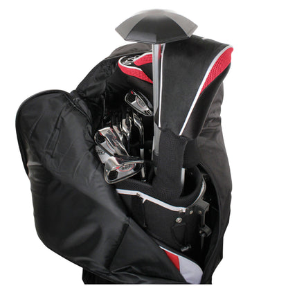 A golf bag is partially unzipped displaying several golf clubs neatly arranged inside with a headcover on one club and an umbrella sticking out in a black and red bag.
