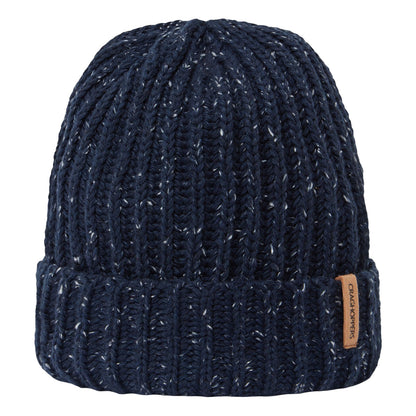 A dark blue knit beanie is displayed upright showcasing its textured pattern and folded brim with a small leather tag labeled Craghoppers attached to the side