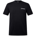 A black short-sleeved t-shirt is displayed front-facing featuring a small white logo on the chest area highlighting its brand identity suitable for casual or outdoor wear.