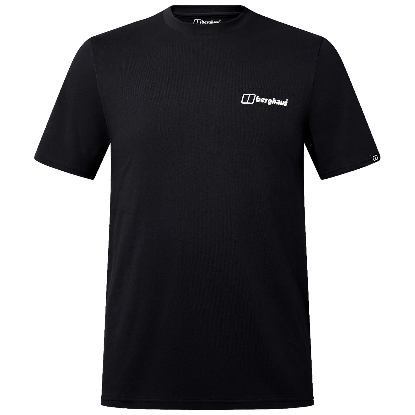 A black short-sleeved t-shirt is displayed front-facing featuring a small white logo on the chest area highlighting its brand identity suitable for casual or outdoor wear.