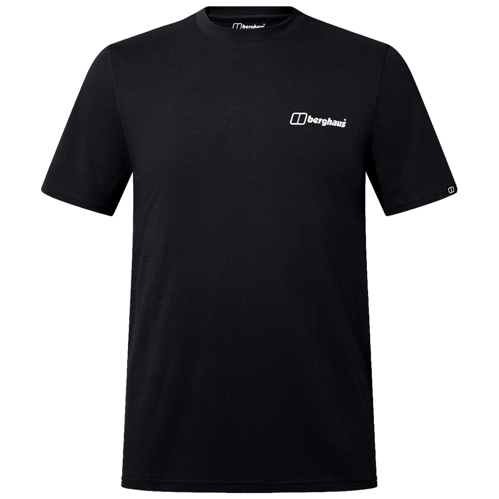 A black short-sleeved t-shirt is displayed front-facing featuring a small white logo on the chest area highlighting its brand identity suitable for casual or outdoor wear.