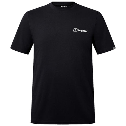 A black short-sleeved t-shirt is displayed front-facing featuring a small white logo on the chest area highlighting its brand identity suitable for casual or outdoor wear.