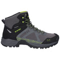 A gray and black hiking boot with bright green accents sits prominently. It features waterproof materials and sturdy laces, ideal for outdoor activities and rugged terrain.