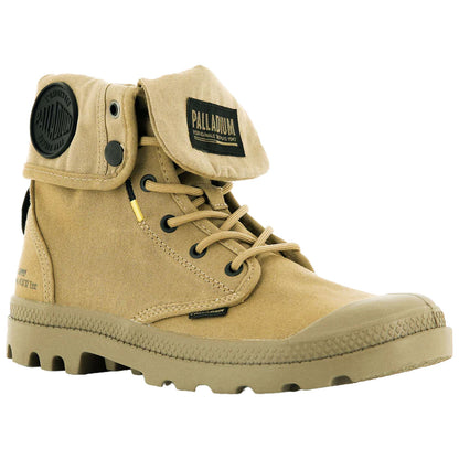 A tan ankle boot features a rubber sole and prominent laces. The folded flap displays a brand label, placed against a simple white background, showcasing its casual style.