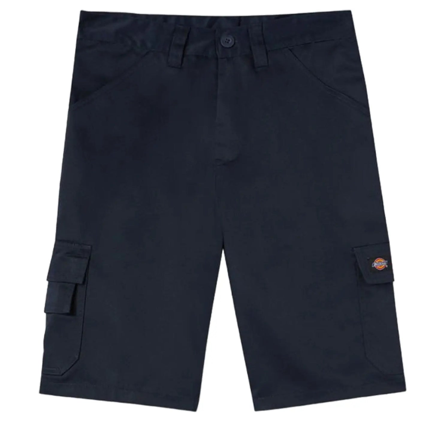 Dark navy cargo shorts are displayed flat featuring multiple pockets and a button closure the context suggests casual wear suitable for warm weather activities.