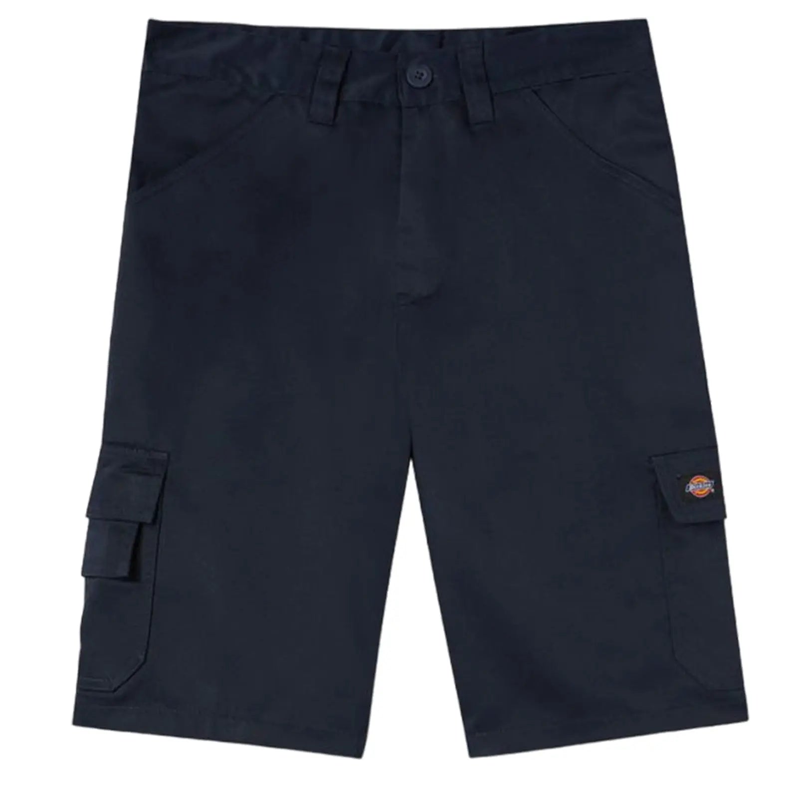 Dark navy cargo shorts are displayed flat featuring multiple pockets and a button closure the context suggests casual wear suitable for warm weather activities.
