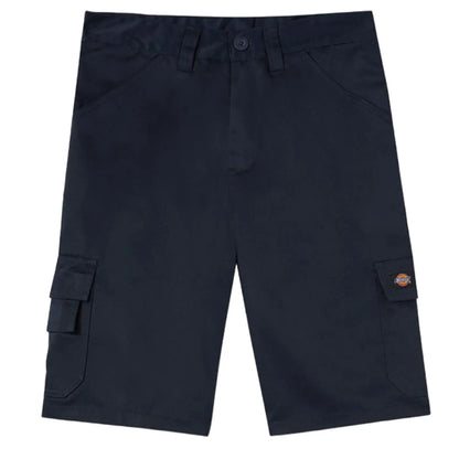 Dark navy cargo shorts are displayed flat featuring multiple pockets and a button closure the context suggests casual wear suitable for warm weather activities.