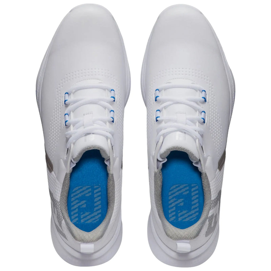 Two white athletic shoes are positioned neatly with laces tied. The context suggests a fresh and clean appearance, suitable for sports or casual wear, highlighting simplicity and style.
