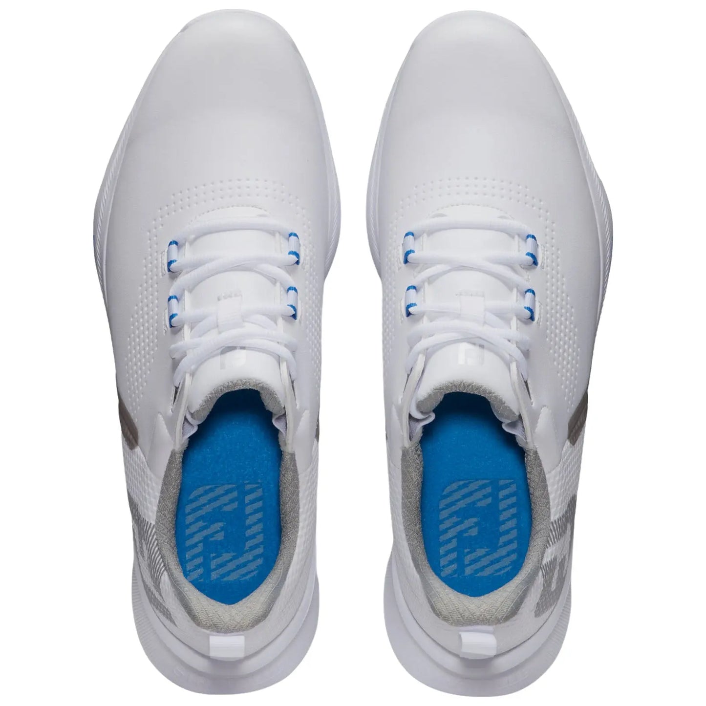Two white athletic shoes are positioned neatly with laces tied. The context suggests a fresh and clean appearance, suitable for sports or casual wear, highlighting simplicity and style.