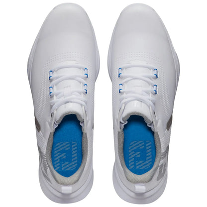 Two white athletic shoes are positioned neatly with laces tied. The context suggests a fresh and clean appearance, suitable for sports or casual wear, highlighting simplicity and style.