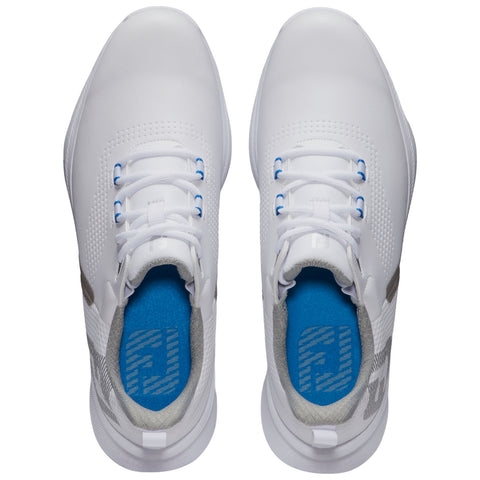 Two white athletic shoes are positioned neatly with laces tied. The context suggests a fresh and clean appearance, suitable for sports or casual wear, highlighting simplicity and style.
