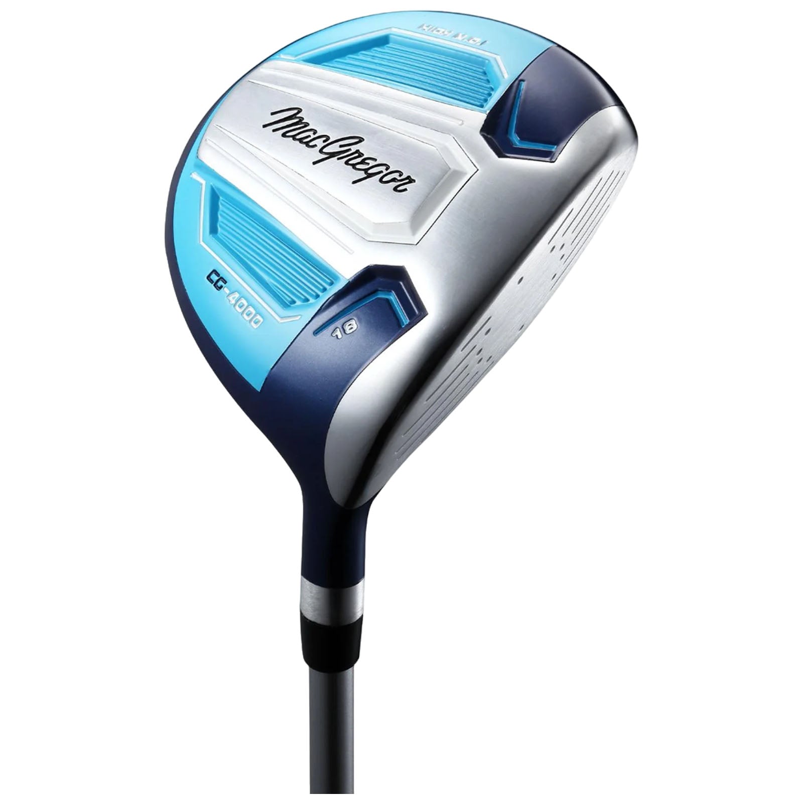 A golf club with a silver and blue design is displayed angled upward showcasing its large head with a smooth face and brand logo highlighting its purpose for hitting golf balls.