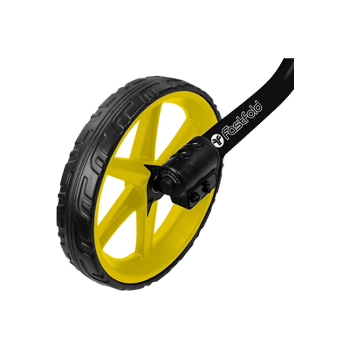A yellow wheel with a black tire is shown connected to a black handle. The wheel appears sturdy and is designed for a smooth rolling motion, likely intended for a folding cart.