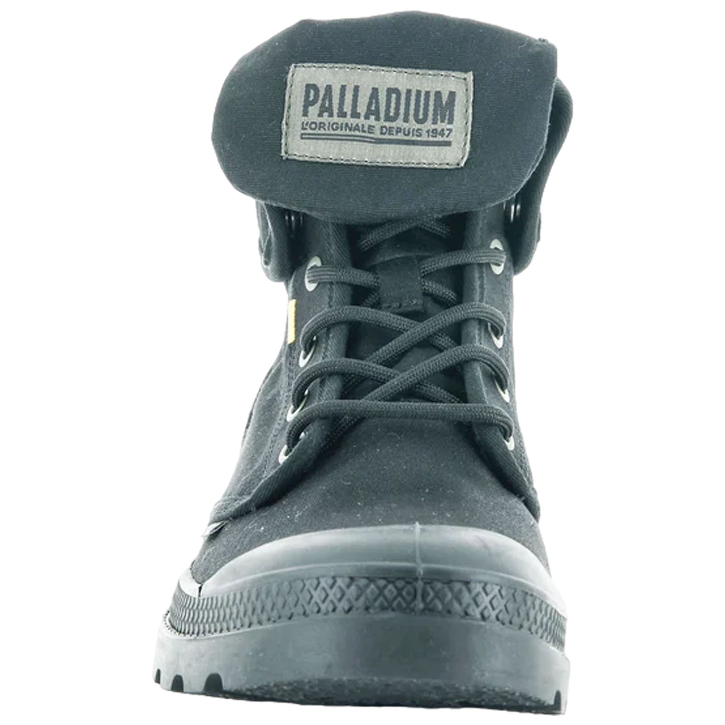 A black boot with laces and a folded collar displays the brand label at the top the boot is centered against a plain background without any distractions.