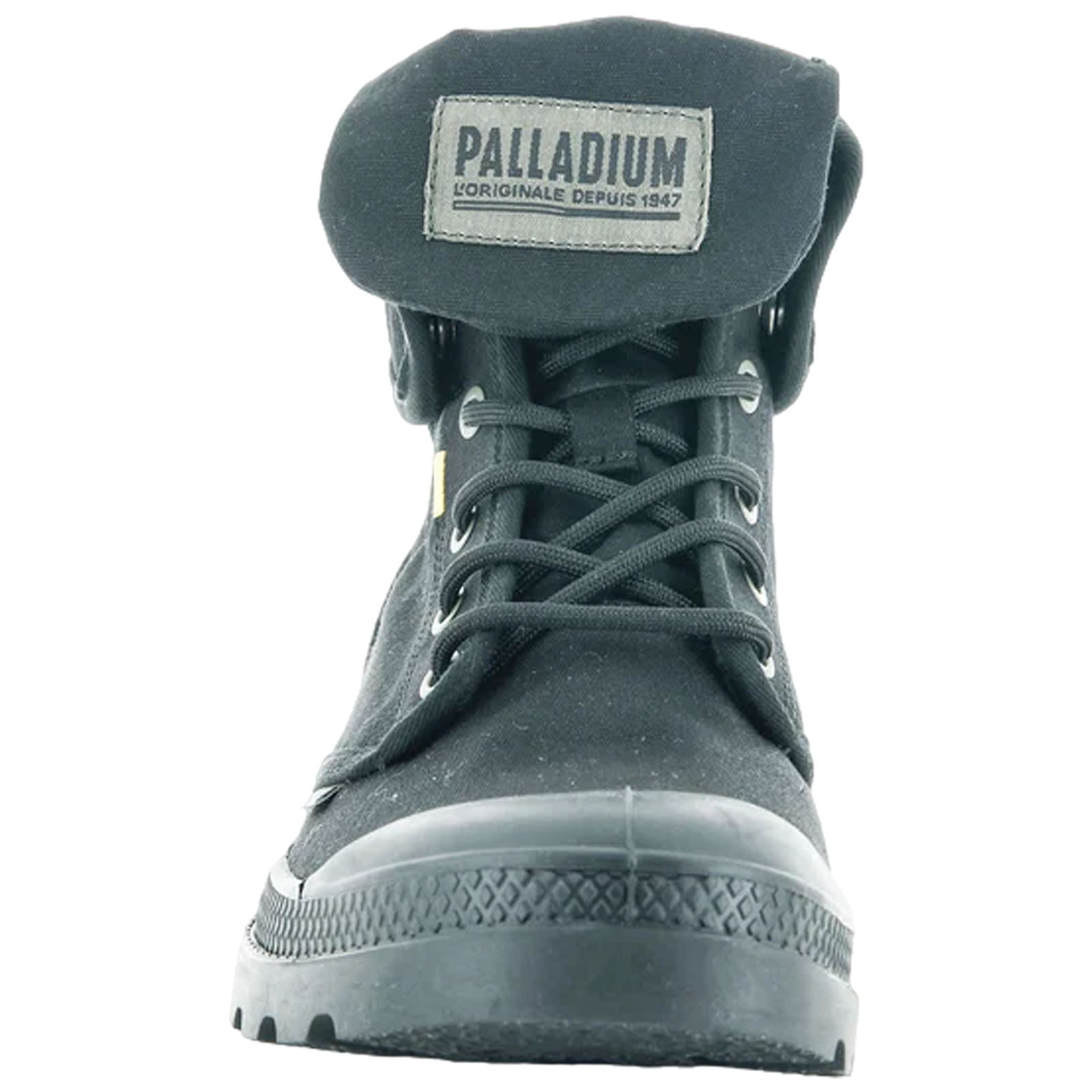 A black boot with laces and a folded collar displays the brand label at the top the boot is centered against a plain background without any distractions.